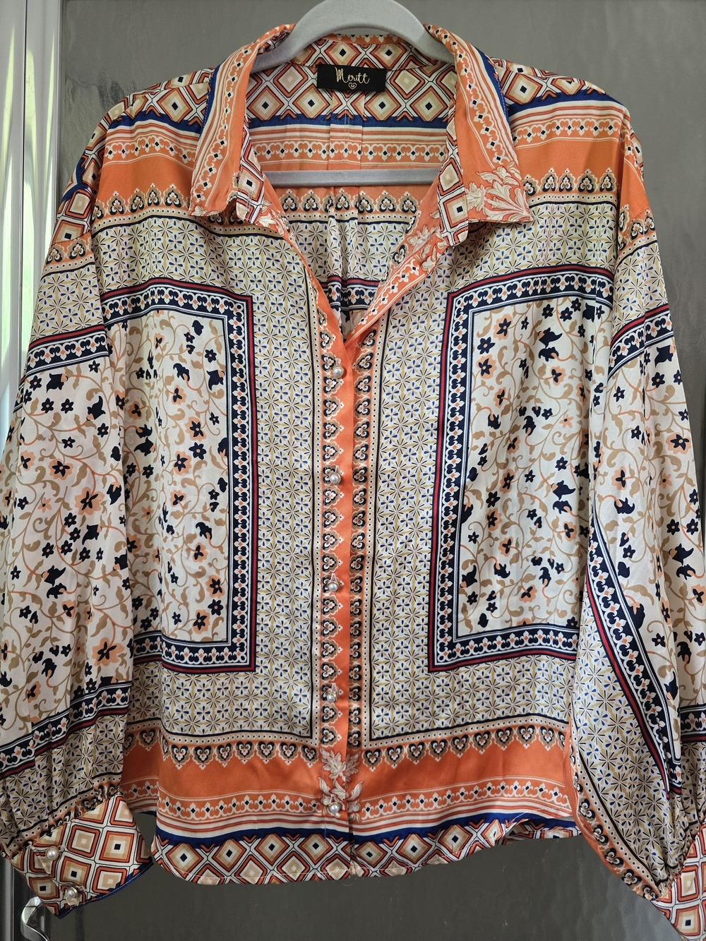 Meritt Orange and Cream Printed Button-Front Blouse
